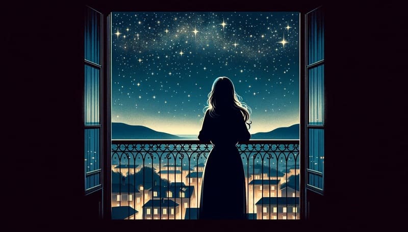バルコニーで星空を眺めている女性の後ろ姿