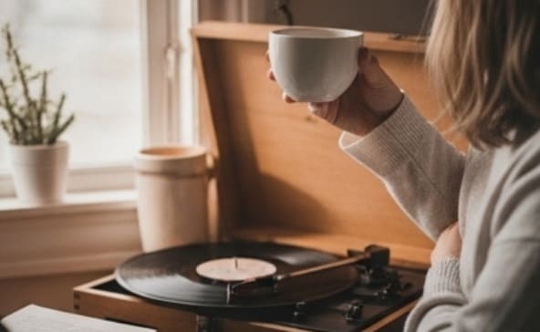 朝、自宅でコーヒーを飲みながら洋楽を聴いている女性のイメージ画像